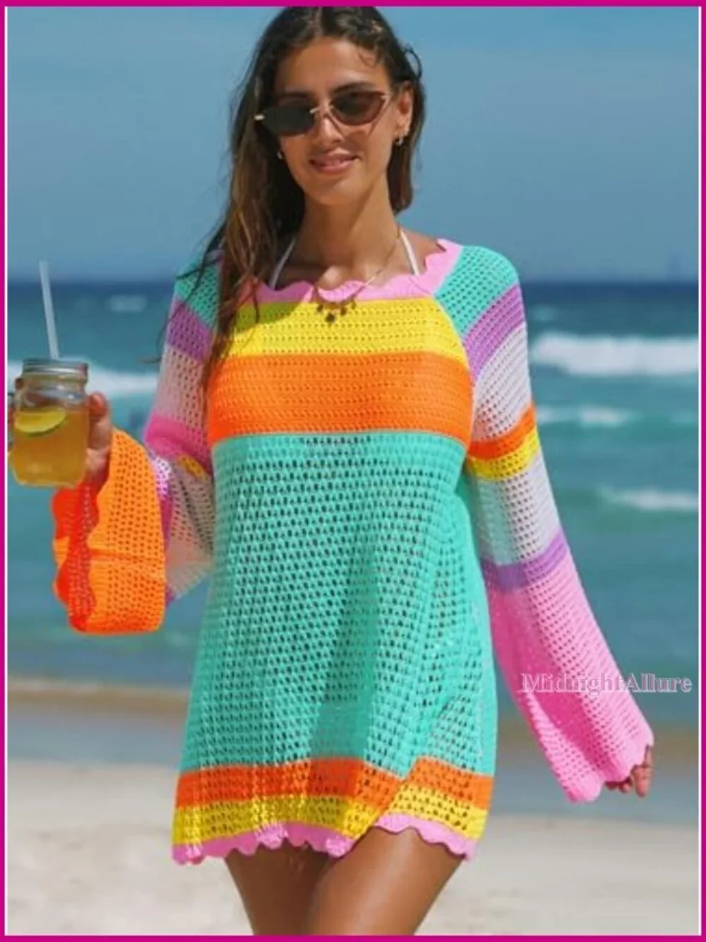 Long Sleeve Crochet Swimsuit Coverup Dress Loose Fit Polyester Mesh Knit
